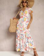 rosa Rochie Albă Florală Maxi Evazată din Viscoză cu Volan Acatie