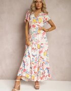 rosa Rochie Albă Florală Maxi Evazată din Viscoză cu Volan Acatie