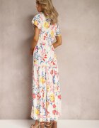 rosa Rochie Albă Florală Maxi Evazată din Viscoză cu Volan Acatie