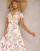 rosa Rochie Albă Florală Maxi Evazată din Viscoză cu Volan Acatie