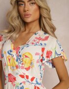 rosa Rochie Albă Florală Maxi Evazată din Viscoză cu Volan Acatie