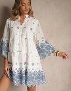 rosa Rochie Albă Tip cutie din Bumbac Decorată cu Model Ornamental Rallanea