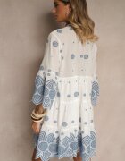 rosa Rochie Albă Tip cutie din Bumbac Decorată cu Model Ornamental Rallanea