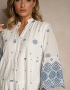 rosa Rochie Albă Tip cutie din Bumbac Decorată cu Model Ornamental Rallanea