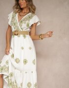 rosa Rochie Albă-Verde din Vascoză Decorată cu Curea și Broderie Nilorelle