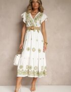 rosa Rochie Albă-Verde din Vascoză Decorată cu Curea și Broderie Nilorelle