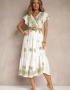 rosa Rochie Albă-Verde din Vascoză Decorată cu Curea și Broderie Nilorelle