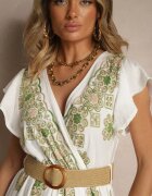 rosa Rochie Albă-Verde din Vascoză Decorată cu Curea și Broderie Nilorelle
