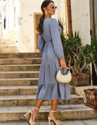 rosa Rochie Albastră Cloș cu Volănaș și Dantelă Kiaya