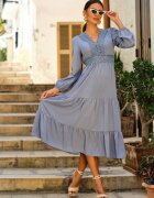 rosa Rochie Albastră Cloș cu Volănaș și Dantelă Kiaya
