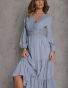 rosa Rochie Albastră Cloș cu Volănaș și Dantelă Kiaya