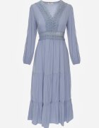rosa Rochie Albastră Cloș cu Volănaș și Dantelă Kiaya