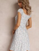 rosa Rochie Albastră cu Flori cu Croială Cambrată cu Șnur la Decolteu Gunnet