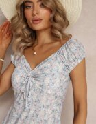 rosa Rochie Albastră cu Flori cu Croială Cambrată cu Șnur la Decolteu Gunnet