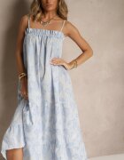 rosa Rochie Albastră de Bumbac cu Croială Cloș cu Imprimeu Floral Meralisa