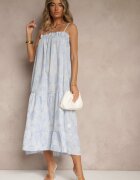 rosa Rochie Albastră de Bumbac cu Croială Cloș cu Imprimeu Floral Meralisa