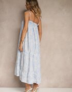 rosa Rochie Albastră de Bumbac cu Croială Cloș cu Imprimeu Floral Meralisa