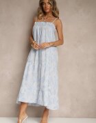 rosa Rochie Albastră de Bumbac cu Croială Cloș cu Imprimeu Floral Meralisa