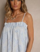 rosa Rochie Albastră de Bumbac cu Croială Cloș cu Imprimeu Floral Meralisa