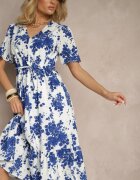 rosa Rochie albastră din bumbac cloș ajurată cu imprimeu floral Velbia