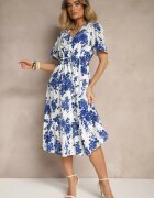 rosa Rochie albastră din bumbac cloș ajurată cu imprimeu floral Velbia