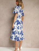 rosa Rochie albastră din bumbac cloș ajurată cu imprimeu floral Velbia