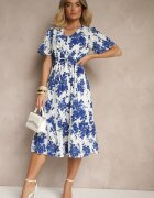 rosa Rochie albastră din bumbac cloș ajurată cu imprimeu floral Velbia
