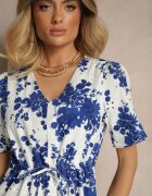 rosa Rochie albastră din bumbac cloș ajurată cu imprimeu floral Velbia