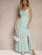 rosa Rochie Albastră din Vâscoză cu Volane cu Imprimeu Floral Redeine