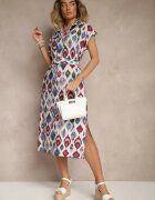 rosa Rochie Albastră din Viscoză cu Croială tip Cămașă cu Centură cu Cataramă cu Imprimeu Etnic Jenavianea
