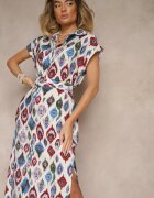 rosa Rochie Albastră din Viscoză cu Croială tip Cămașă cu Centură cu Cataramă cu Imprimeu Etnic Jenavianea
