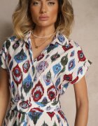 rosa Rochie Albastră din Viscoză cu Croială tip Cămașă cu Centură cu Cataramă cu Imprimeu Etnic Jenavianea