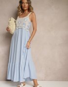 rosa Rochie Albastră din Viscoză Decorată cu Broderie Rinastra