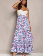 rosa Rochie Albastră din Viscoză Maxi cu croială evazată cu bretele subțiri florală Netela