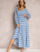 rosa Rochie Albastră Evazată cu Elastic în Talie Kefem