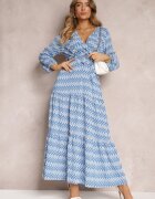 rosa Rochie Albastră Evazată cu Elastic în Talie Kefem