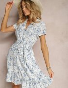 rosa Rochie Albastră Evazată cu Mânecă Scurtă și Decolteu Triunghiular cu Elastic în Talie Starielle