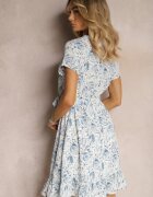 rosa Rochie Albastră Evazată cu Mânecă Scurtă și Decolteu Triunghiular cu Elastic în Talie Starielle
