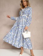 rosa Rochie Albastră Evazată cu Viscoză cu Imprimeu Geometric Apirestia