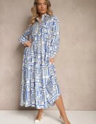 rosa Rochie Albastră Evazată cu Viscoză cu Imprimeu Geometric Apirestia