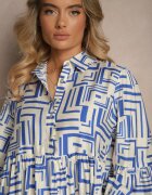 rosa Rochie Albastră Evazată cu Viscoză cu Imprimeu Geometric Apirestia