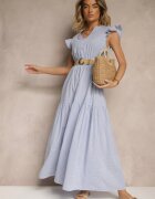 rosa Rochie Albastră Evazată din Bumbac Stil Boho cu Curea cu Cataramă Iffarisa