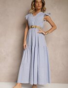 rosa Rochie Albastră Evazată din Bumbac Stil Boho cu Curea cu Cataramă Iffarisa