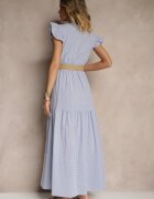 rosa Rochie Albastră Evazată din Bumbac Stil Boho cu Curea cu Cataramă Iffarisa