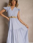 rosa Rochie Albastră Evazată din Bumbac Stil Boho cu Curea cu Cataramă Iffarisa