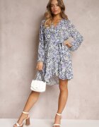 rosa Rochie Albastră Florală cu elastic în talie și decolteu petrecut Lamiracle