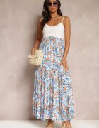rosa Rochie Albastră Florală Maxi cu top croșetat și bretele subțiri din vâscoză Zanidora