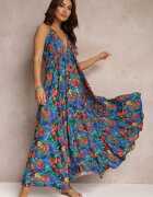 rosa Rochie Albastră Florală Maxi din Viscoză cu legătură la gât și spate Lunka