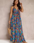 rosa Rochie Albastră Florală Maxi din Viscoză cu legătură la gât și spate Lunka