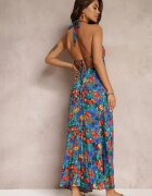 rosa Rochie Albastră Florală Maxi din Viscoză cu legătură la gât și spate Lunka
